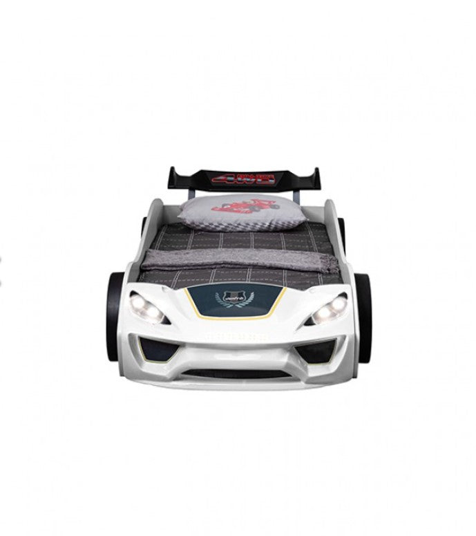 Rotvner Race Car-Bed With LED Headlights Children's car-shaped bed in a room with a window and plant