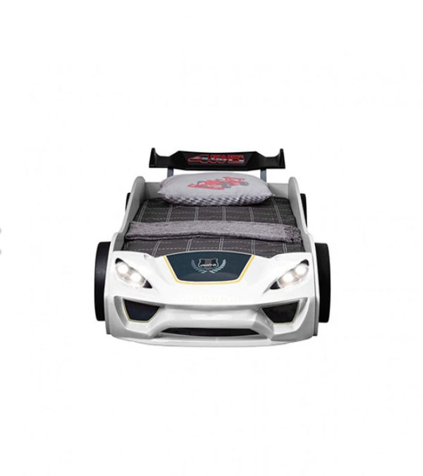 Rotvner Race Car-Bed With LED Headlights Car-shaped bed with front grille and headlights on a white background