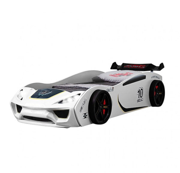 Rotvner Race Car-Bed With LED Headlights White toy car with black wheels on a white background
