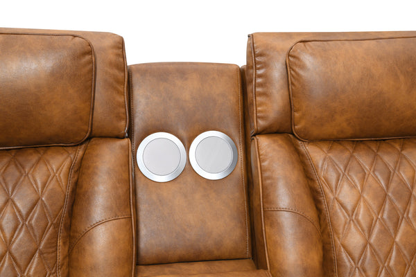 Rowan-LED-PU-Leather-Power-Motion-Reclining-Sectional-Sofa Brown leather sofa with two white speakers on a white background