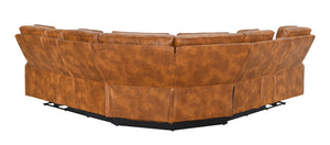 Rowan-LED-PU-Leather-Power-Motion-Reclining-Sectional-Sofa A curved brown leather sectional sofa with a low black metal base, photographed against a plain white background.