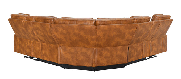 Rowan-LED-PU-Leather-Power-Motion-Reclining-Sectional-Sofa A curved brown leather sectional sofa with a low black metal base, photographed against a plain white background.