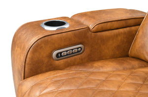 Rowan-LED-PU-Leather-Power-Motion-Reclining-Sectional-Sofa Brown leather recliner with cup holder and control panel on a white background