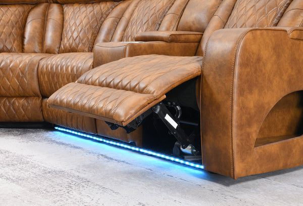 Rowan-LED-PU-Leather-Power-Motion-Reclining-Sectional-Sofa Brown leather recliner with footrest and LED lighting on a concrete floor.