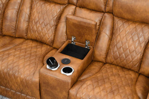 Rowan-LED-PU-Leather-Power-Motion-Reclining-Sectional-Sofa Brown leather sofa with cup holders and a small table
