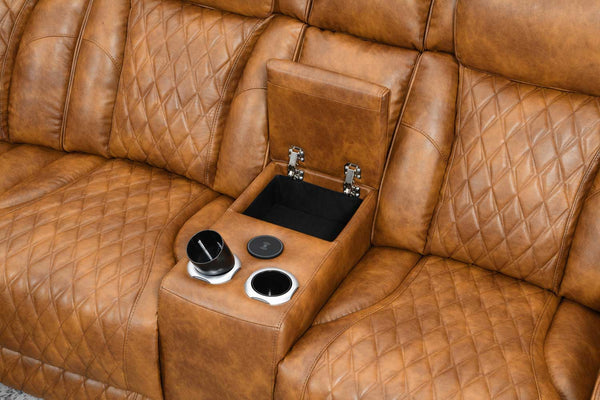 Rowan-LED-PU-Leather-Power-Motion-Reclining-Sectional-Sofa Brown leather sofa with cup holders and a small table