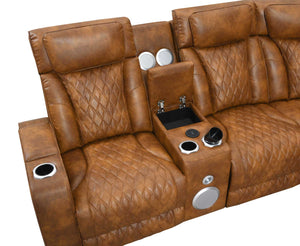 Rowan-LED-PU-Leather-Power-Motion-Reclining-Sectional-Sofa Brown leather recliner with cup holders and speakers on a white background