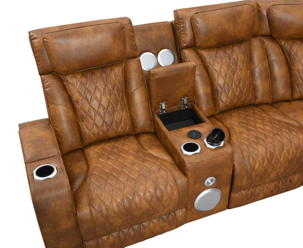 Rowan-LED-PU-Leather-Power-Motion-Reclining-Sectional-Sofa Brown leather recliner with cup holders and speakers on a white background