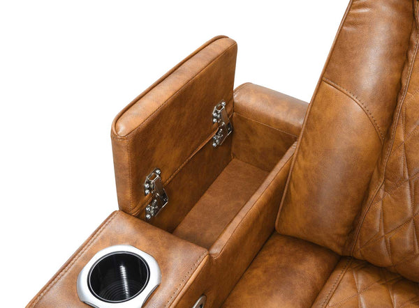 Rowan-LED-PU-Leather-Power-Motion-Reclining-Sectional-Sofa Brown leather car seat with cup holder and armrest on a white background