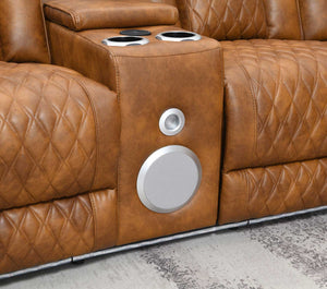 Rowan-LED-PU-Leather-Power-Motion-Reclining-Sectional-Sofa Close-up of a brown quilted leather reclining sofa with a center console featuring two cup holders and a large circular speaker grille.