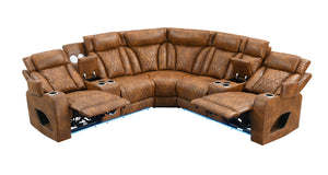 Rowan-LED-PU-Leather-Power-Motion-Reclining-Sectional-Sofa Brown leather sectional sofa with reclining seats on a white background