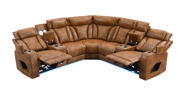 Rowan-LED-PU-Leather-Power-Motion-Reclining-Sectional-Sofa Brown leather sectional sofa with reclining seats on a white background