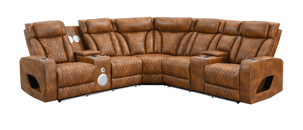 Rowan LED PU Leather Power Motion Reclining Sectional Sofa Brown leather sectional sofa with reclining seats and LED lighting in a living room setting.