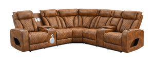 Rowan-LED-PU-Leather-Power-Motion-Reclining-Sectional-Sofa A brown leather sectional sofa with reclining seats, quilted stitching, and built-in cup holders, shown on a plain white background.