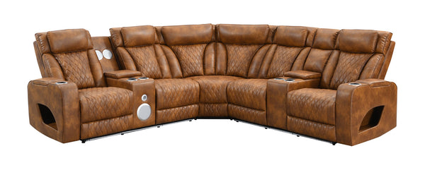 Rowan-LED-PU-Leather-Power-Motion-Reclining-Sectional-Sofa A brown leather sectional sofa with reclining seats, quilted stitching, and built-in cup holders, shown on a plain white background.