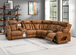 Rowan-LED-PU-Leather-Power-Motion-Reclining-Sectional-Sofa Brown leather sectional sofa in a living room setting with a bookshelf and artwork.