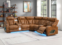 Rowan LED PU Leather Power Motion Reclining Sectional Sofa Brown leather sectional sofa with reclining seats and LED lighting in a living room setting.