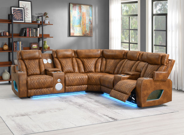 Rowan LED PU Leather Power Motion Reclining Sectional Sofa Brown leather sectional sofa with reclining seats and LED lighting in a living room setting.