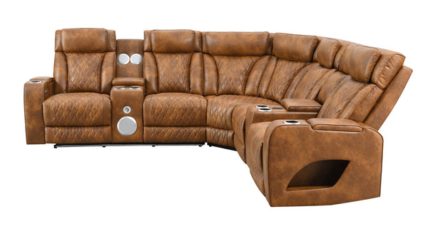 Rowan-LED-PU-Leather-Power-Motion-Reclining-Sectional-Sofa Brown leather sectional sofa with reclining seats and cup holders on a white background