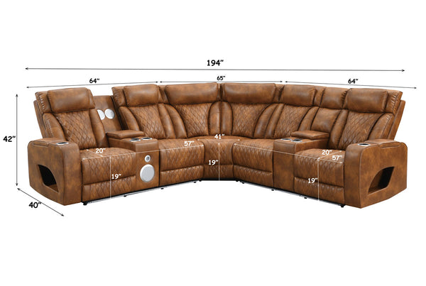 Rowan-LED-PU-Leather-Power-Motion-Reclining-Sectional-Sofa Brown leather sectional sofa with dimension annotations showing measurements such as 194 inches width, 42 inches height, and 40 inches depth on a white background.