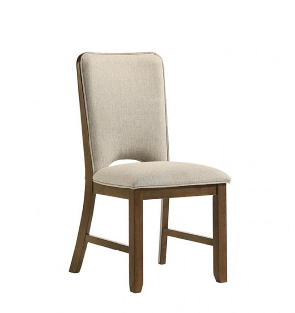 Saharia Mid-Century Modern Walnut Dining Chair An upholstered dining chair with a tall backrest, featuring light beige textured fabric on the seat and back, supported by a medium brown wooden frame, shown against a plain white background.