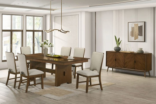 Dining Table90"W (72" + 18" LEAF) X 42"D X 30.3"H A mid-century modern dining room set featuring a rectangular wooden dining table and six upholstered dining chairs, styled in a bright, contemporary dining room with a matching wooden sideboard.