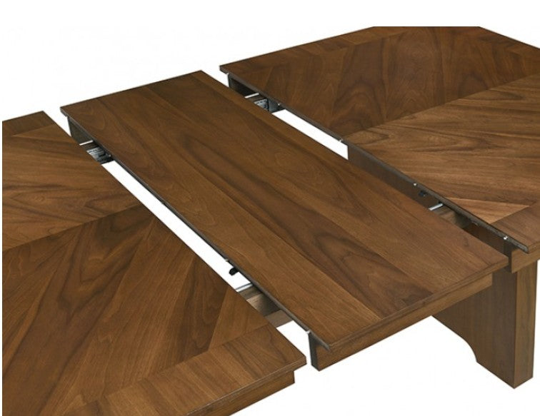 Dining Table90"W (72" + 18" LEAF) X 42"D X 30.3"H A modern 7-piece dining room set featuring a rectangular wooden table and six upholstered chairs, styled in a bright, contemporary dining room with large windows and a geometric pendant light.