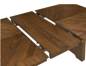 Dining Table90"W (72" + 18" LEAF) X 42"D X 30.3"H A close-up of a wooden extendable dining table showing the sliding wood tabletop panels and metal slide mechanisms against a white background.