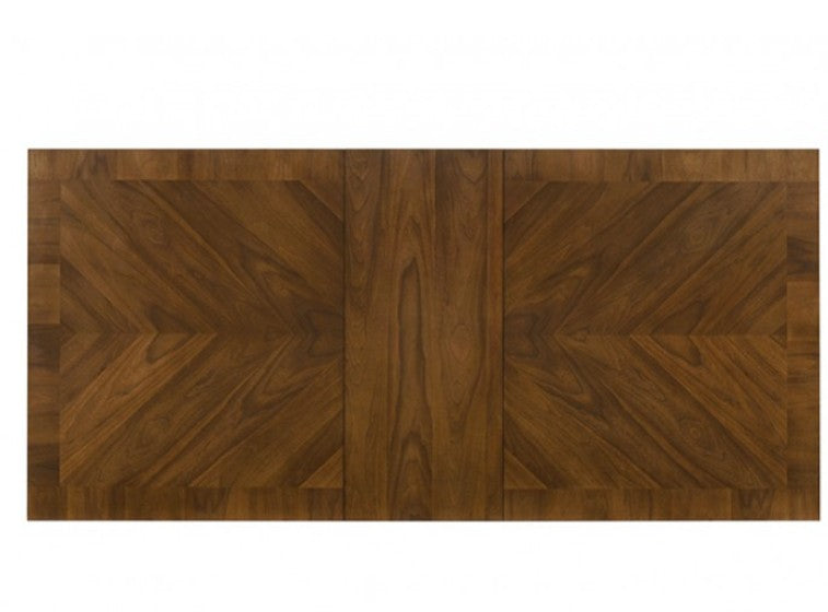 Dining Table90"W (72" + 18" LEAF) X 42"D X 30.3"H A modern 7-piece dining room set featuring a rectangular wooden table and six upholstered chairs, styled in a bright, contemporary dining room with large windows and a geometric pendant light.