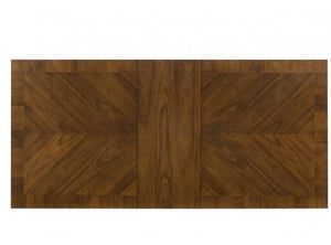 Dining Table90"W (72" + 18" LEAF) X 42"D X 30.3"H A rectangular wooden table top with a geometric inlay pattern in warm medium-to-dark brown wood tones, shown against a plain white background.