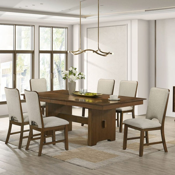 Dining Table90"W (72" + 18" LEAF) X 42"D X 30.3"H A modern 7-piece dining room set featuring a rectangular wooden table and six upholstered chairs, styled in a bright, contemporary dining room with large windows and a geometric pendant light.
