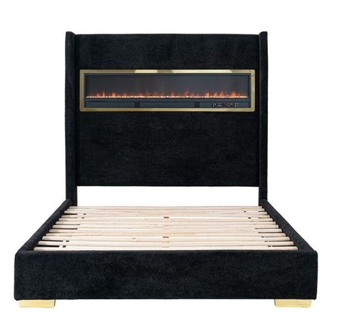 Samberg Modern Fireplace Simulator Black Bed Modern bedroom with a black upholstered bed and electric fireplace.
