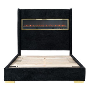 Samberg Modern Fireplace Simulator Black Bed Black upholstered bed with electric fireplace headboard on a white background
