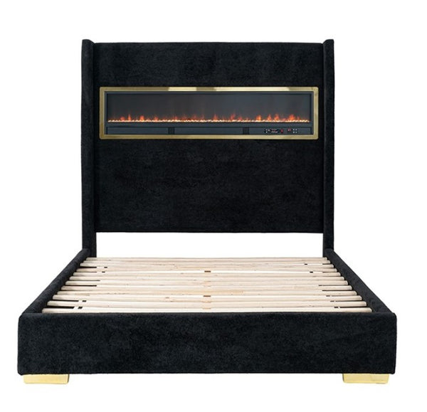 Samberg Modern Fireplace Simulator Black Bed Black upholstered bed with electric fireplace headboard on a white background