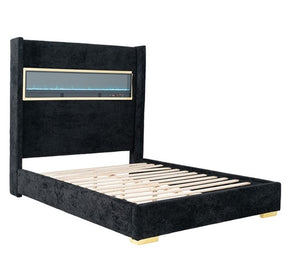 Samberg Modern Fireplace Simulator Black Bed Black bed frame with gold accents on a white background