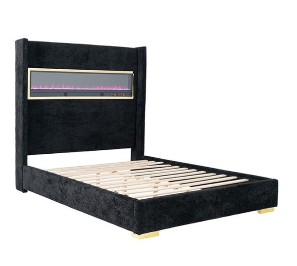Samberg Modern Fireplace Simulator Black Bed Black upholstered bed with electric fireplace headboard on a white background