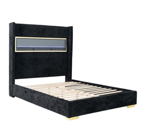 Samberg Modern Fireplace Simulator Black Bed Black bed frame with wooden slats on a white background