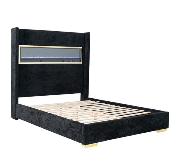 Samberg Modern Fireplace Simulator Black Bed Black bed frame with wooden slats on a white background