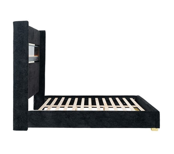 Samberg Modern Fireplace Simulator Black Bed Black bed frame with wooden slats on a white background
