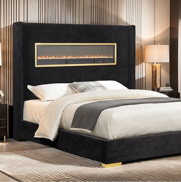 Samberg Modern Fireplace Simulator Black Bed Modern bedroom with a black upholstered bed and electric fireplace.