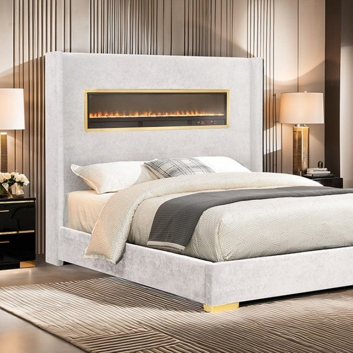 Samberg Modern Fireplace Simulator White Bed Modern bedroom with a white upholstered bed, nightstands, and lamps.