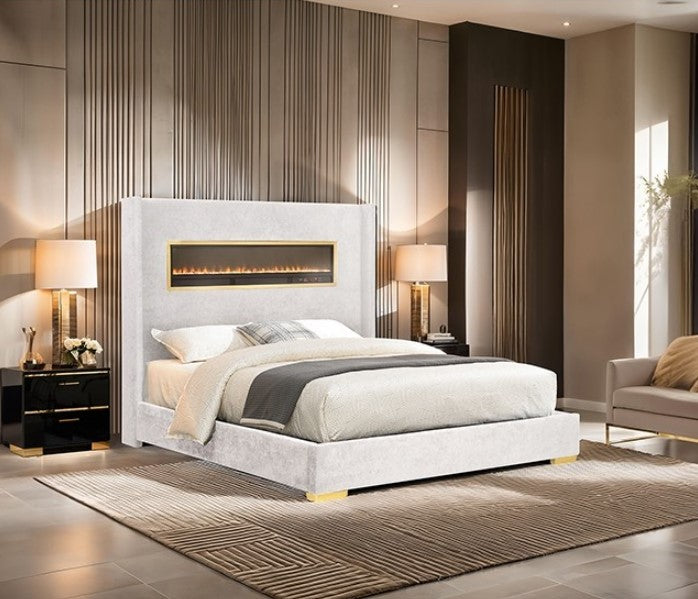 Samberg Modern Fireplace Simulator White Bed Modern bedroom with a white upholstered bed, nightstands, and lamps.