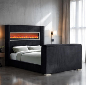 Samberg Modern Fireplace Simulator With TV Lift  Modern bedroom with a black upholstered bed and electric fireplace.