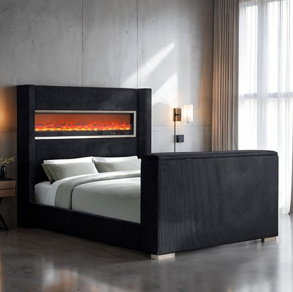 Samberg Modern Fireplace Simulator With TV Lift  Modern bedroom with a black upholstered bed and electric fireplace.