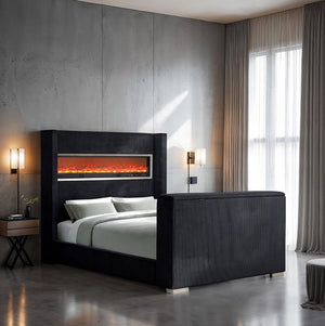 Samberg Modern Fireplace Simulator With TV Lift  Modern bedroom with a black bed and electric fireplace.