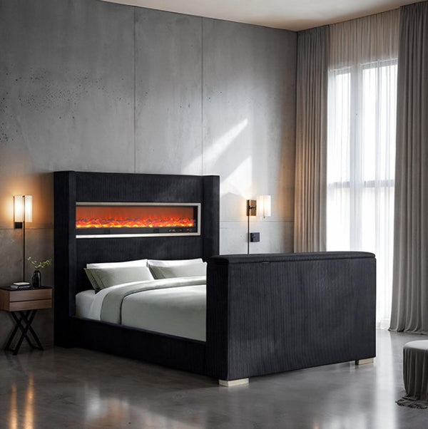 Samberg Modern Fireplace Simulator With TV Lift  Modern bedroom with a black bed and electric fireplace.