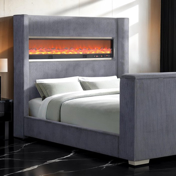 Samberg Modern  Fireplace Simulator Gray Bed With TV Lift Modern bedroom with a gray upholstered bed and electric fireplace.