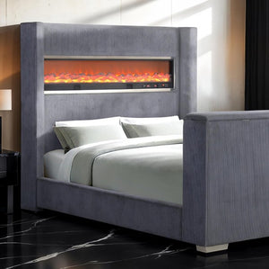 Samberg Modern  Fireplace Simulator Gray Bed With TV Lift Modern bedroom with a gray upholstered bed and electric fireplace.