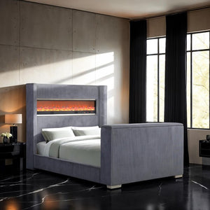 Samberg Modern  Fireplace Simulator Gray Bed With TV Lift Modern bedroom with a gray upholstered bed and electric fireplace.