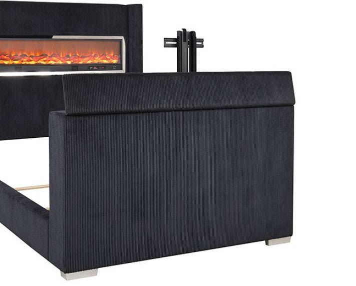 Samberg Modern Fireplace Simulator With TV Lift  Modern bedroom with a black bed and electric fireplace.